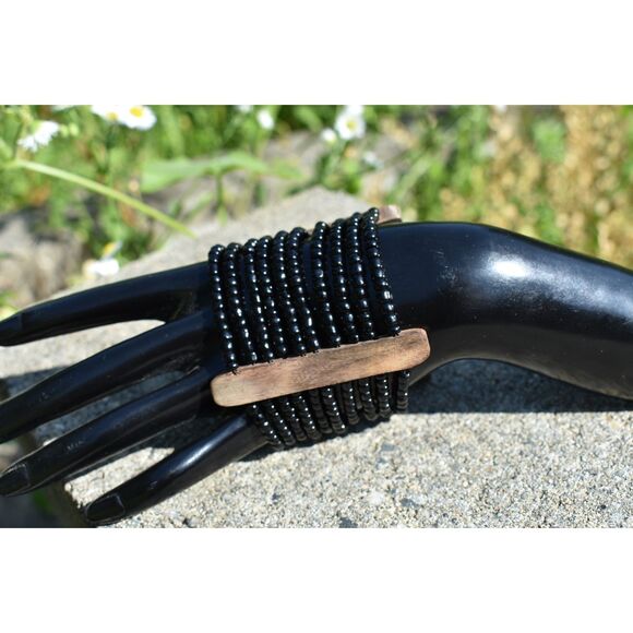 Sleek Black Beaded Bangle with Natural Wooden Staves Timeless Statement Piece - Picture 2 of 6